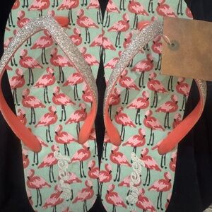 NWT Reef Kids Coral Flamingo Flip Flops with Silver Glitter Straps